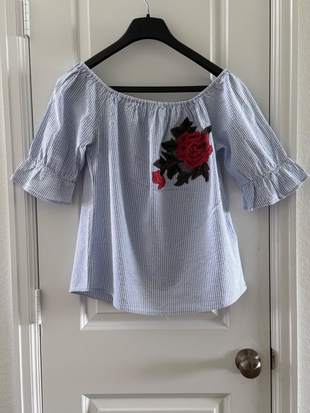 Blue & White Striped Off-Shoulder Top With Floral Embroidery Ruffle Sleeves SJS - Picture 2 of 8